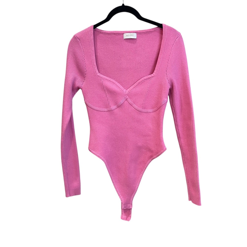 Meshki Pink Ribbed Knit Long Sleeve Bodysuit Sweetheart Neck Size Medium